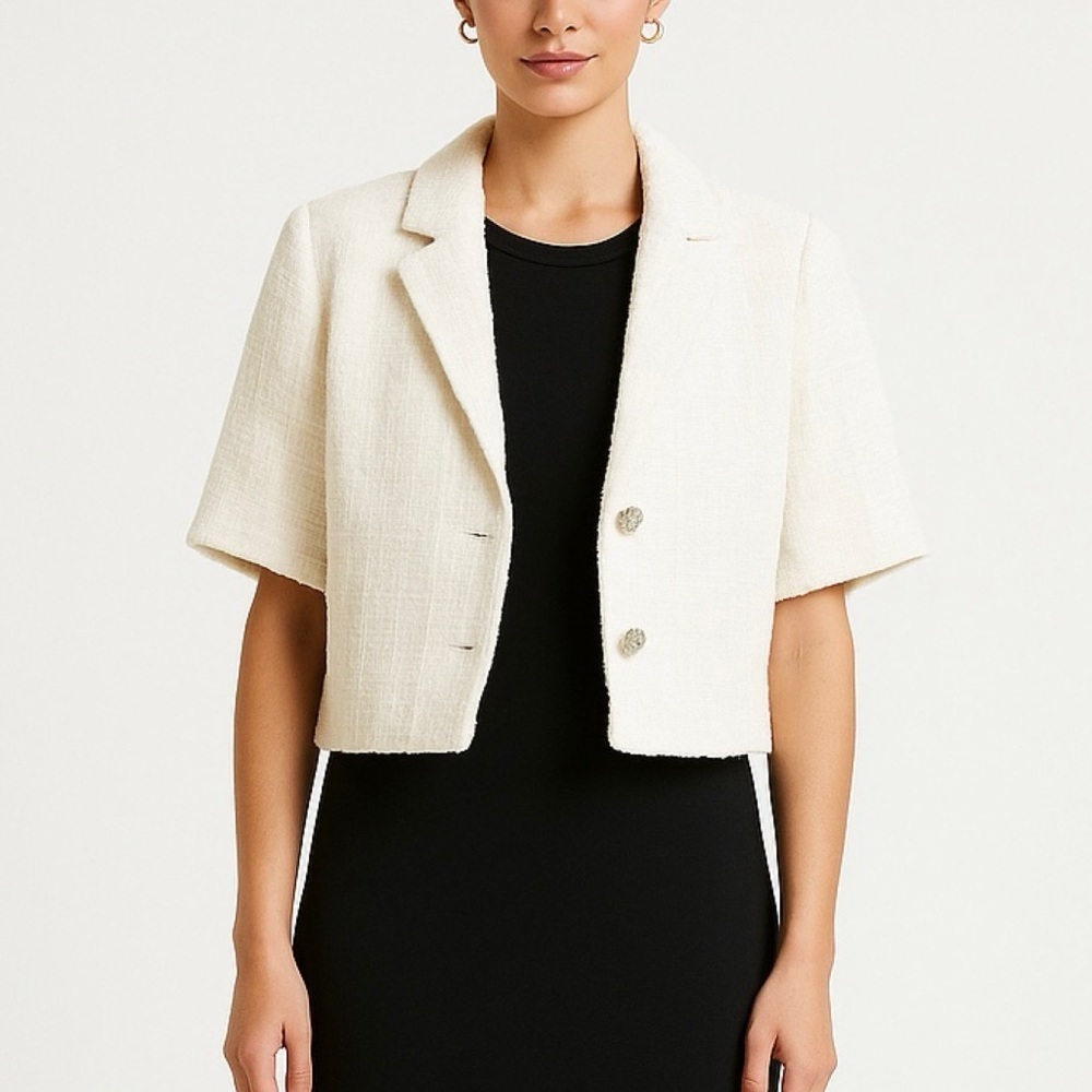 Zara cream tweed 3/4 sleeves with rhinestones buttons blazer cropped jacket NEW